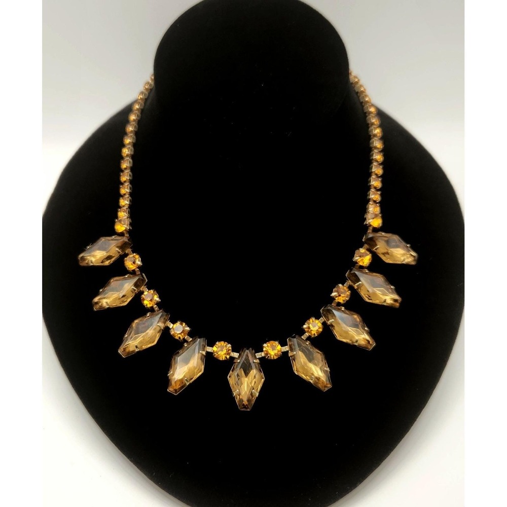 Vintage Smoky Topaz And Amber Color Glass Navette Rhinestone Fall Necklace 16"